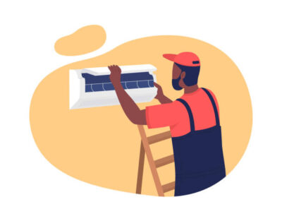 Installing air conditioner in apartment 2D vector isolated illustration. Providing comfortable temperatures. Workman, technician flat character on cartoon background. AC repair service colourful scene