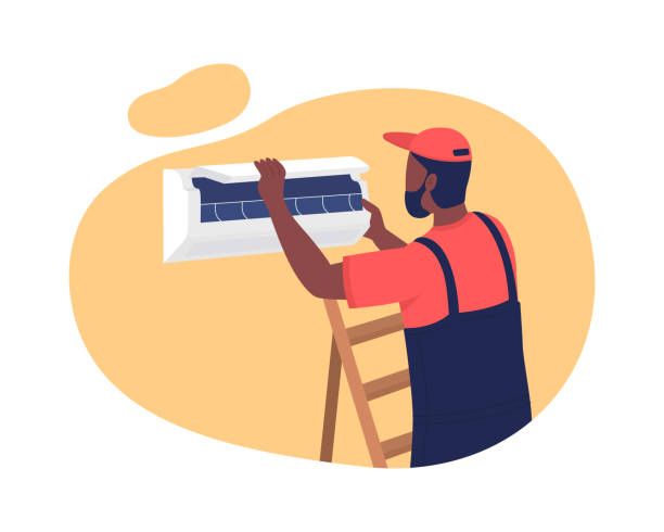 Installing air conditioner in apartment 2D vector isolated illustration. Providing comfortable temperatures. Workman, technician flat character on cartoon background. AC repair service colourful scene